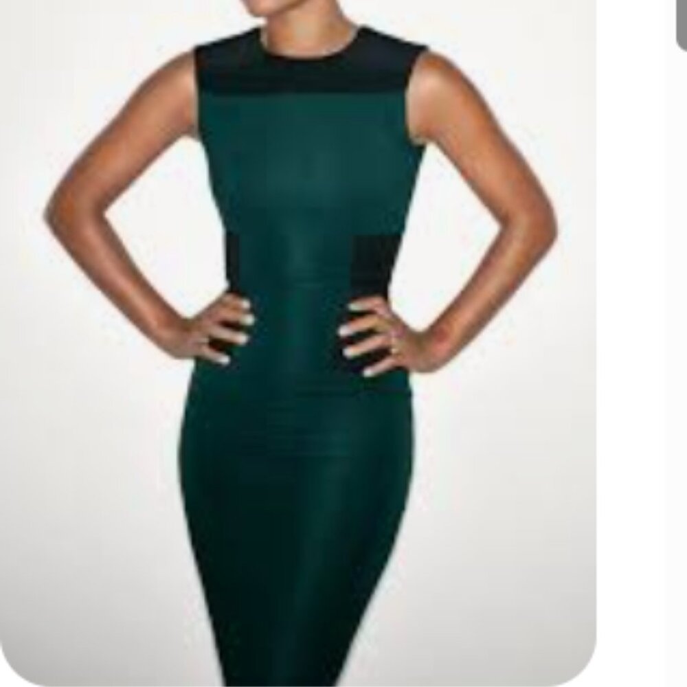 Victoria Beckham - Green/Black Crepe Side Panel Sleeveless Midi Dress  - Size 4